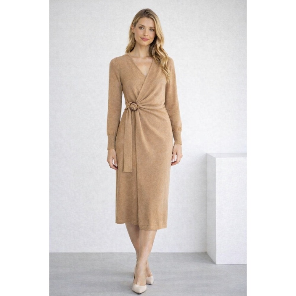 Forever 21 Tan Brown Knit Sweater‎ Dress Sz S Long Sleeve Wrap look Midi